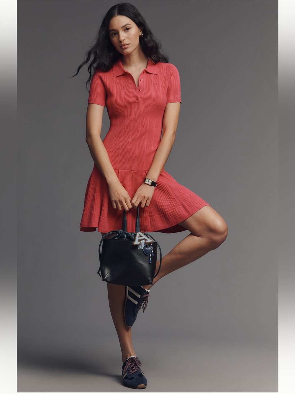 Women’s Short-Sleeve Polo Knit Dress in Coral Pink